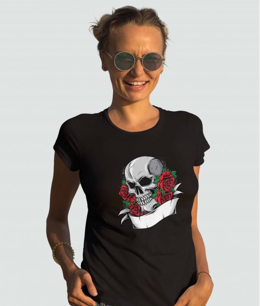 Дамска тениска с щампа Готика Skull with roses - TShirtArtShop.com